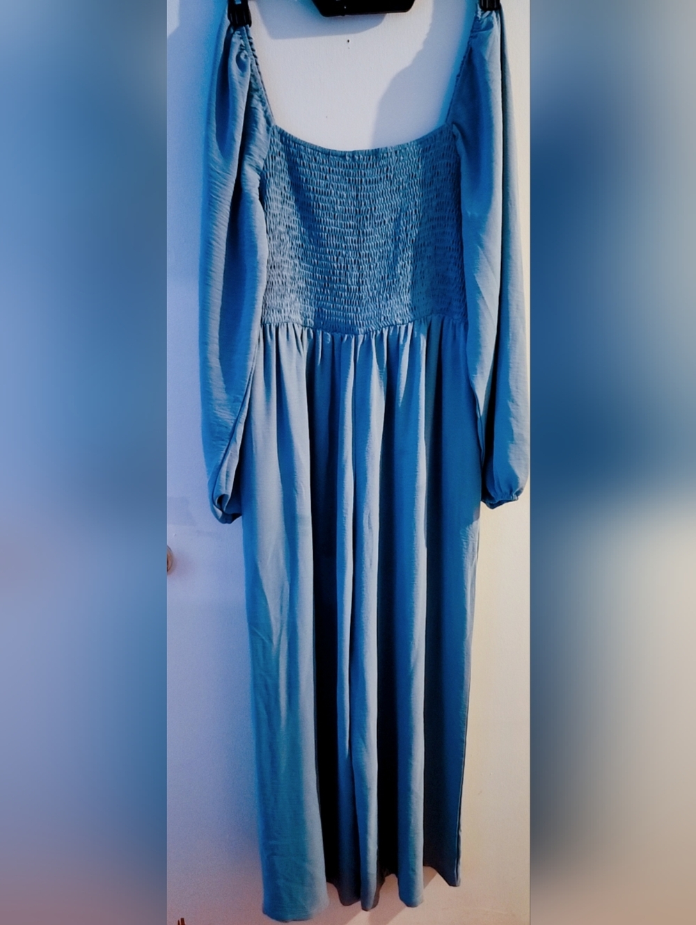 Blue Long-Sleeve Smocked-Waist Maxi Dress